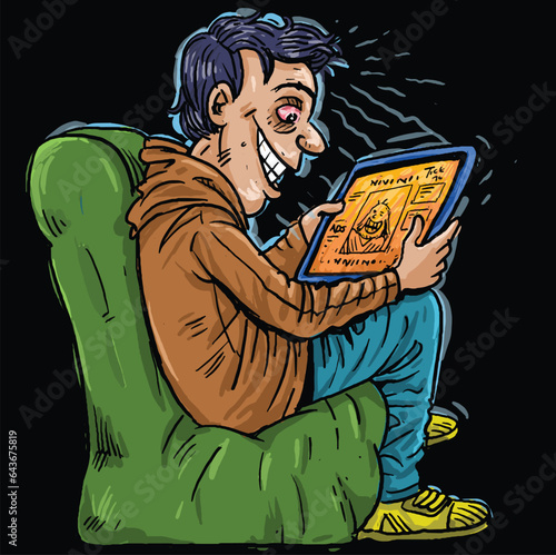 Freehand Illustration of a boy waste lots of time surfing internet.
