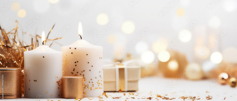 Close up of white candle composition on beige with golden decoration, confetti, bokeh. Christmas background with warm candlelight. Holidays banner. Cozy, warm ambience concept. Generative ai - obrazy, fototapety, plakaty 