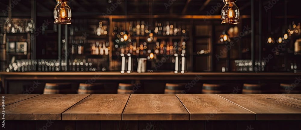 Rustic empty wooden table. Vintage pub interior. Dark wood counter. Restaurant space. Abstract bar scene - obrazy, fototapety, plakaty 