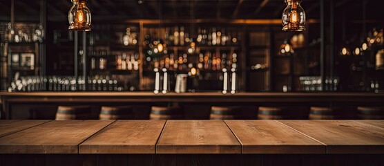 Rustic empty wooden table. Vintage pub interior. Dark wood counter. Restaurant space. Abstract bar scene