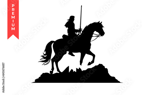 Vector silhouette A knight with sword on a horse black isolated on white