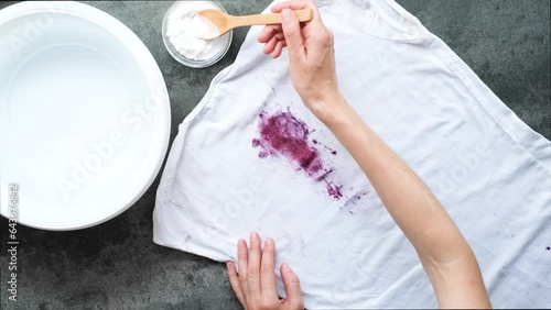 Homemade eco-friendly removing of stains on clothes with baking soda. top view. 