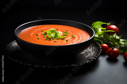 Tasty appetizing summer tomato soup gazpacho on black background