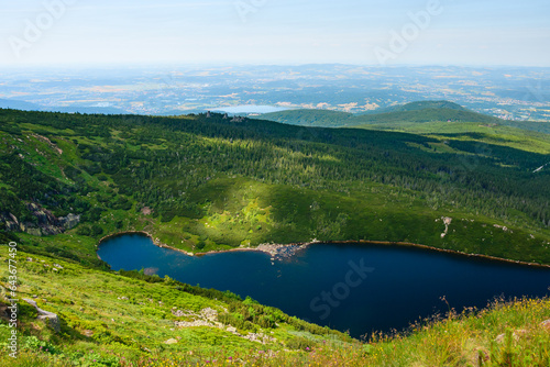 Fototapeta Naklejka Na Ścianę i Meble -  Giant Mountains, Wielki Staw - a glacial lake in the western Sudetes. Mountain landscape, view from the hiking trail on a sunny summer day.