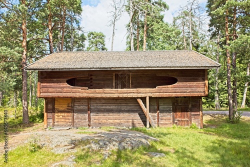 Selkämä farm loft granary “kokkitalli”, Seurasaari Open-Air Museum, Helsinki, Finland.
