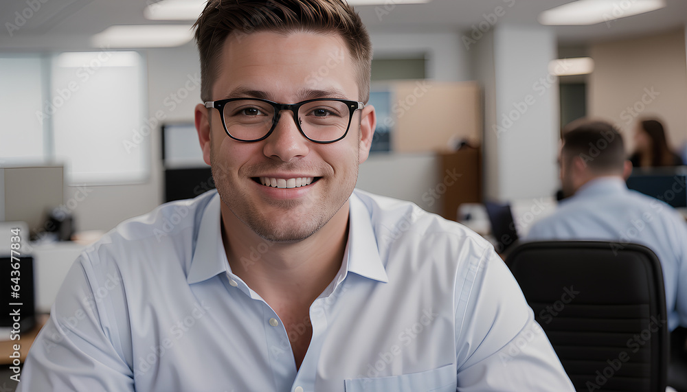 
businessman working in office, Portrait of handsome young man working in office and smiling happily at camera - obrazy, fototapety, plakaty 