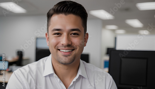 
businessman working in office, Portrait of handsome young man working in office and smiling happily at camera