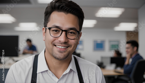 businessman working in office, Portrait of handsome young man working in office and smiling happily at camera © Agustinus
