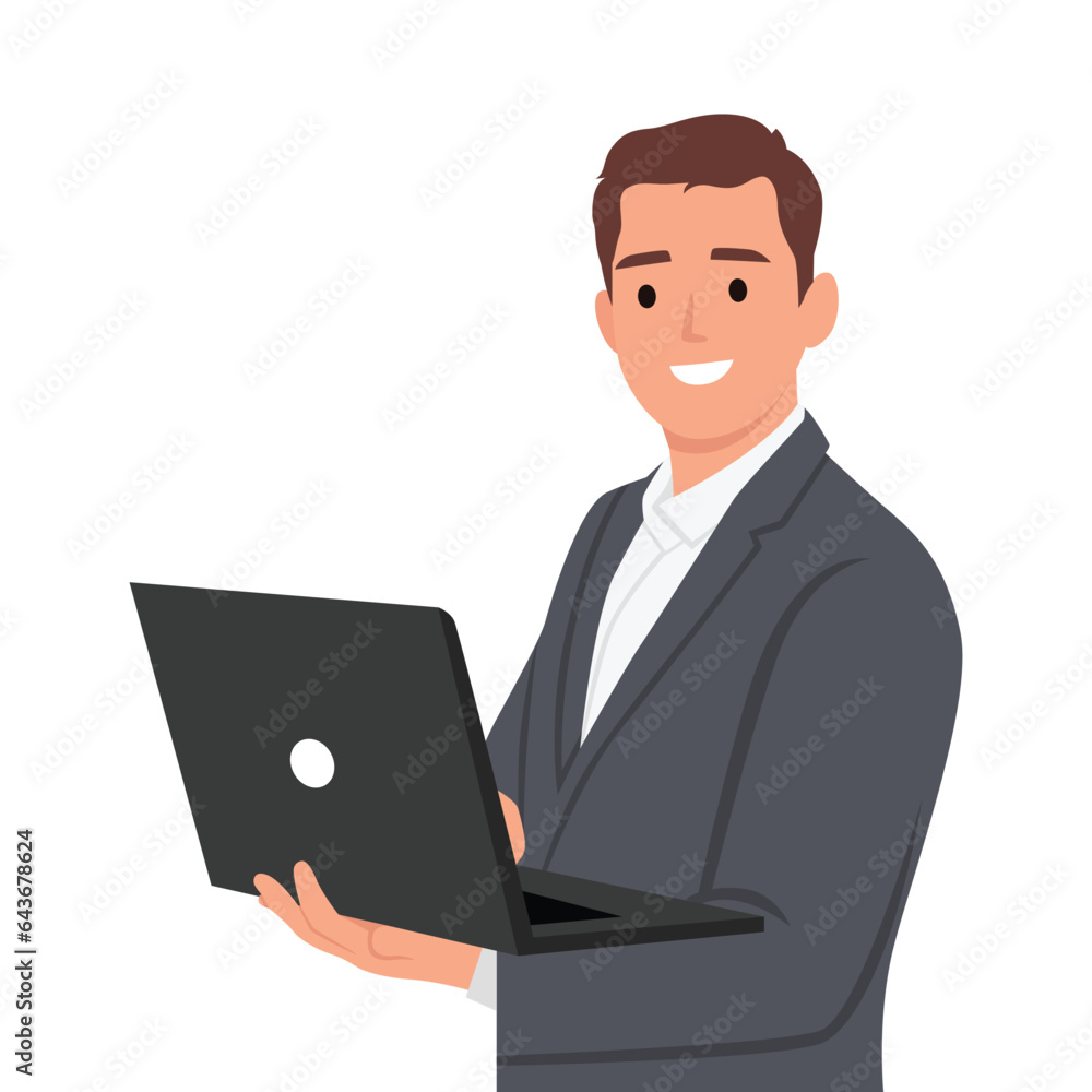 Young business man in suit using laptop computer on hand. Flat vector illustration isolated on white background Young business man in suit using laptop computer on hand. Flat vector illustration isolated on white background