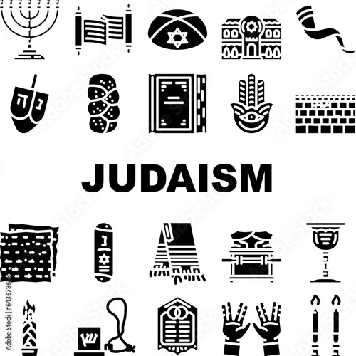 judaism religion jewish icons set vector. jew israel, synagogue hanukkah, star hanuka, people, israeli hebrew, holocaust judaism religion jewish glyph pictogram Illustrations