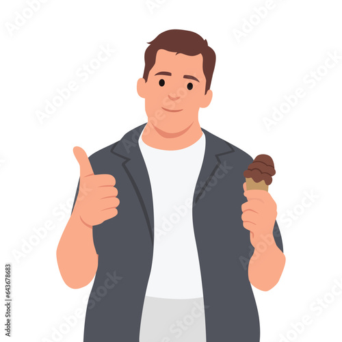 Happy man with ice cream cones in hands. Person licking icecream. Guy enjoying sweet dessert, eating tasty unhealthy sugar food with pleasure.