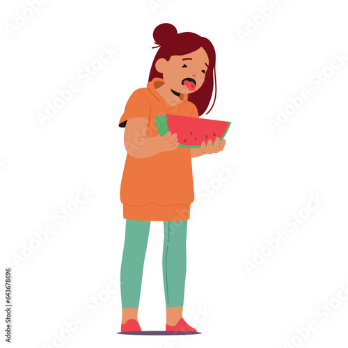 Child Scrunches Face, Shakes Head, Pushes Away Watermelon. Girl Pouts, Protests Against Tasting Juicy Fruit