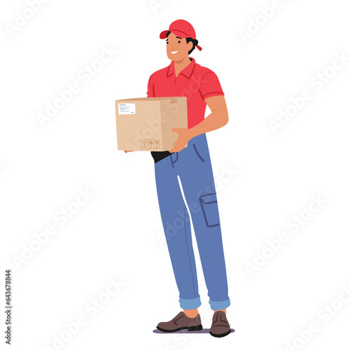 Courier Male Character Stands Poised, Holding A Parcel In Capable Hands. Ready To Deliver, The Determined Stance