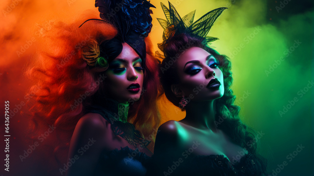 Beautiful women in halloween carnival costumes. Shiny festive background with colored smoke. Generative AI