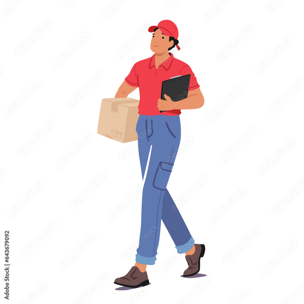 Courier Character Briskly Walks With A Box In Hand And A Clipboard, Ensuring Efficient Delivery, Vector Illustration Courier Character Briskly Walks With A Box In Hand And A Clipboard, Ensuring Efficient Delivery, Vector Illustration