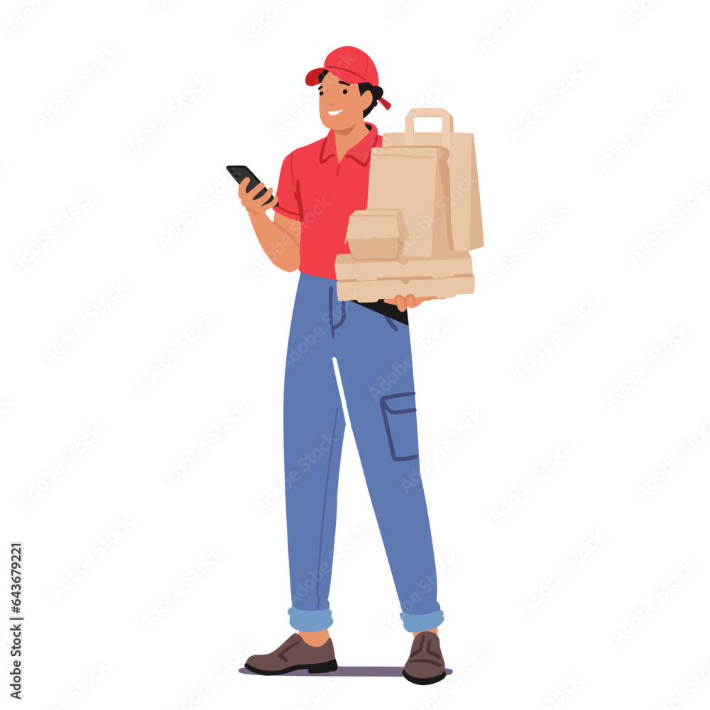 Courier Character Call From Mobile during Delivering Food Packages Ensuring Timely And Accurate Delivery, Vector Courier Character Call From Mobile during Delivering Food Packages Ensuring Timely And Accurate Delivery, Vector