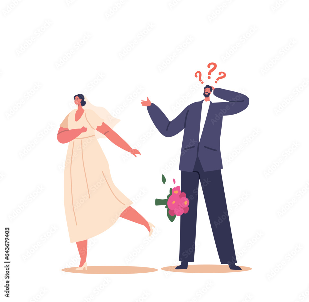Bride Character Sudden Departure During Wedding Ceremony Creates Shock And Confusion, Leaving Groom, Vector Illustration Bride Character Sudden Departure During Wedding Ceremony Creates Shock And Confusion, Leaving Groom, Vector Illustration