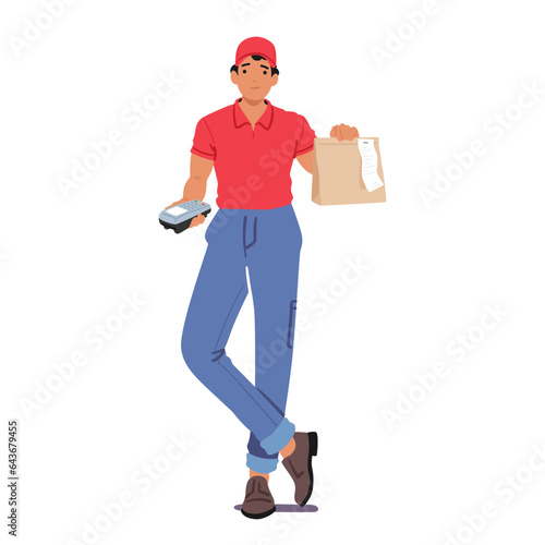 Courier Character Delivering A Food Package With A Pos Terminal, Ensuring Secure Payments And Efficient Transactions