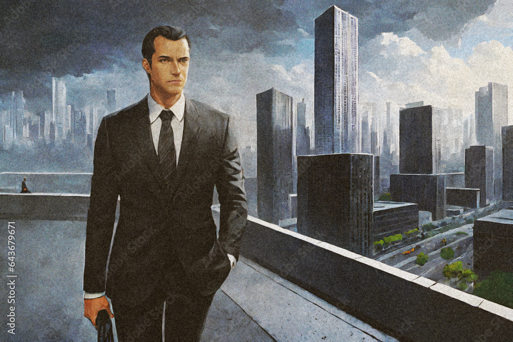 Ai generated image of businessman in a black suit with modern buildings in the background Ai generated image of businessman in a black suit with modern buildings in the background