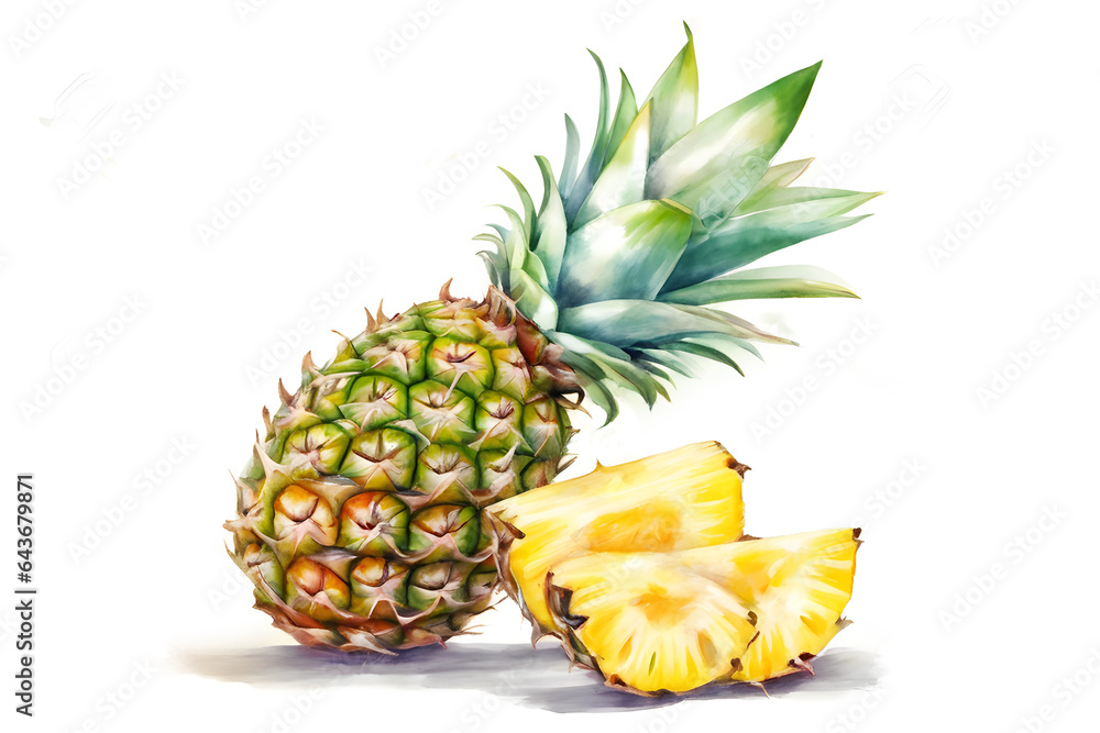 Illustration of fresh ananas fruit, whole and sliced, on a white background, painted in watercolor, light color, pastel Illustration of fresh ananas fruit, whole and sliced, on a white background, painted in watercolor, light color, pastel