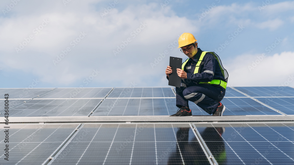 Service engineer checking solar cell on the roof for maintenance if there is a damaged part. Engineer worker install solar panel. Clean energy concept. Service engineer checking solar cell on the roof for maintenance if there is a damaged part. Engineer worker install solar panel. Clean energy concept.