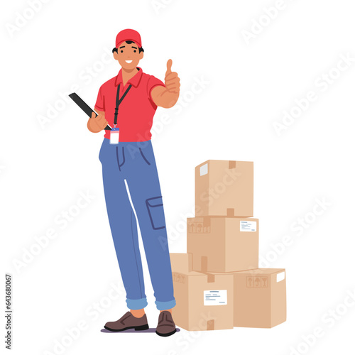 Courier Character With A Thumbs-up Gesture Holds A Clipboard with a Pile Of Parcels nearby, Ready To Deliver Packages