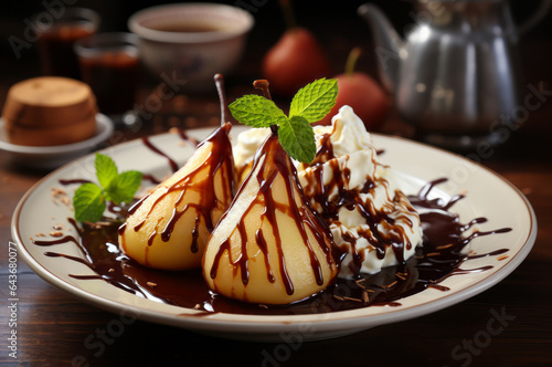 Poire belle Helene. Poached Pears with Chocolate Sauce and vanilla ice cream. Horizontal, close-up, side view.