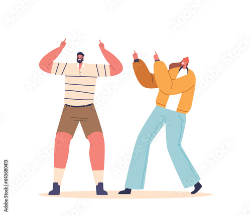 Young People Male And Female Characters Communicate Using Pointing Or Indicating Gestures, Expressing Emotions