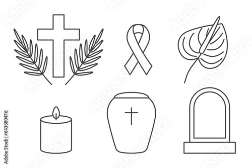 set of funeral line icons: cross,  mourning ribbon, urn, candle,  anthurium flower and grave- vector illustration