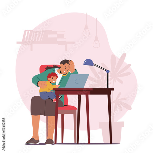 Exhausted Business Mother Multitasking On Laptop While Holding Her Child. Female Character Juggling Work And Parenting