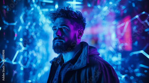 Generative ai man portrait in futuristic cyberspace neon background