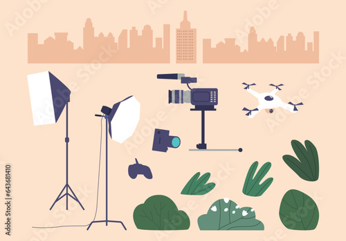 Complete Photo And Video Shoot Set Includes Camera, Lenses, Tripod, Lighting Kit, Backdrop, Reflectors, And Drone