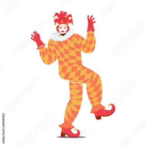 Mysterious Figure Adorned In A Vibrant Harlequin Masquerade Venetian Costume, Character Exuding Elegance