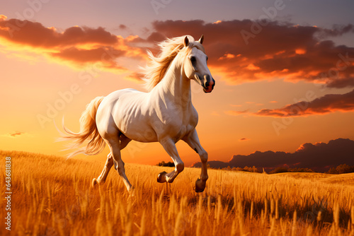 White graceful horse on the field at sunset. Portrait of an animal