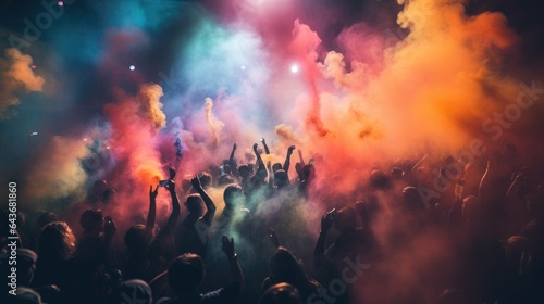 A large group of people in a Festival Atmosphere filled with multi colored smoke. photo