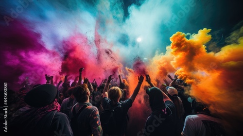 A large group of people in a Festival Atmosphere filled with multi colored smoke.