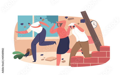 Terrified People Characters Flee A Crumbling Structure During An Earthquake, Seeking Safety Amid Chaos And Destruction