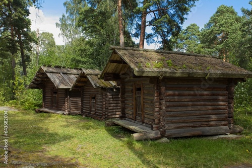 Chimneyless huts from Kaukola  Karelian Isthmus  Seurasaari Open-Air Museum  Helsinki  Finland.