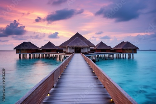 Beautiful Maldives travel concept with willas on the water, sunset vibes © lublubachka