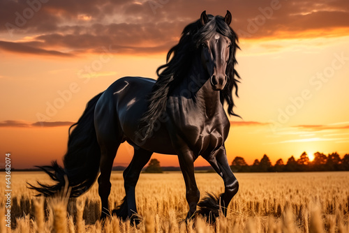 Black graceful horse on the field at sunset. Portrait of an animal