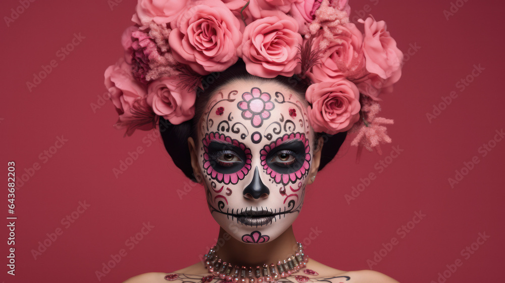 Close up of a Mexican woman with day of the dead makeup, flowers and skull, mexico holiday