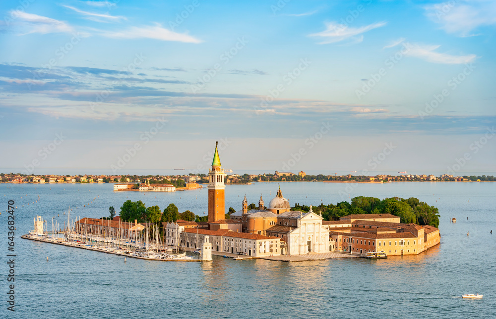 Aerial view of San Giorgio Maggiore island and church in Venice, Italy