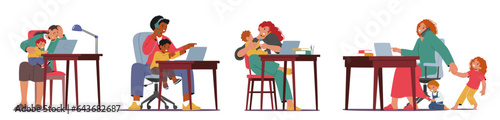 Multitasking Business Mother Characters Skillfully Balancing Work On Laptops While Holding Their Children