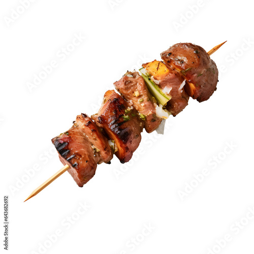 One little kebab on a wooden stick with meat and vegetables. Shish kebab on skewer isolated on white transparent png background, cutout.