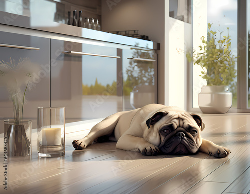 pug dog in modern kitchen interior sitting on floor generative ai