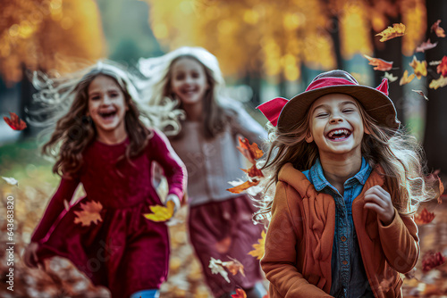 fall Fun Kids in leaves - blurred left side for ad copy