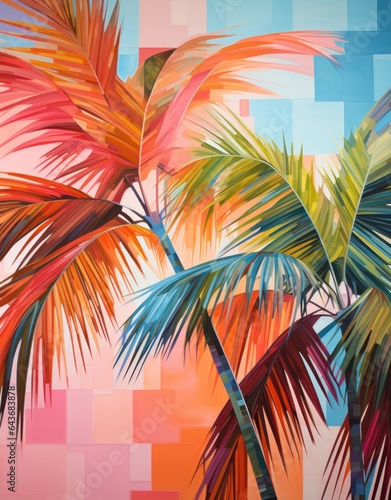 Abstract colorful palms trees on geometry background, oil painting style wall art poster