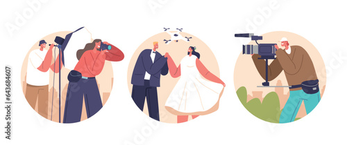 Isolated Round Icons Or Avatars Of Bride And Groom Couple At Wedding Photoshoot, Captured By Skilled Photographer