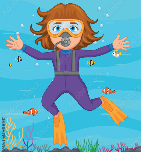 Scuba Diver Girl Swimming Cartoon