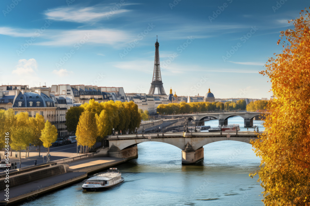 Fototapeta premium Seine in Paris with Eiffel tower in autumn time